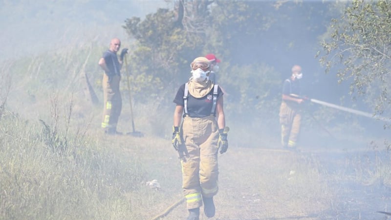 Firefighters battle to put out gorse fires in west Belfast. Picture Mal McCann 
