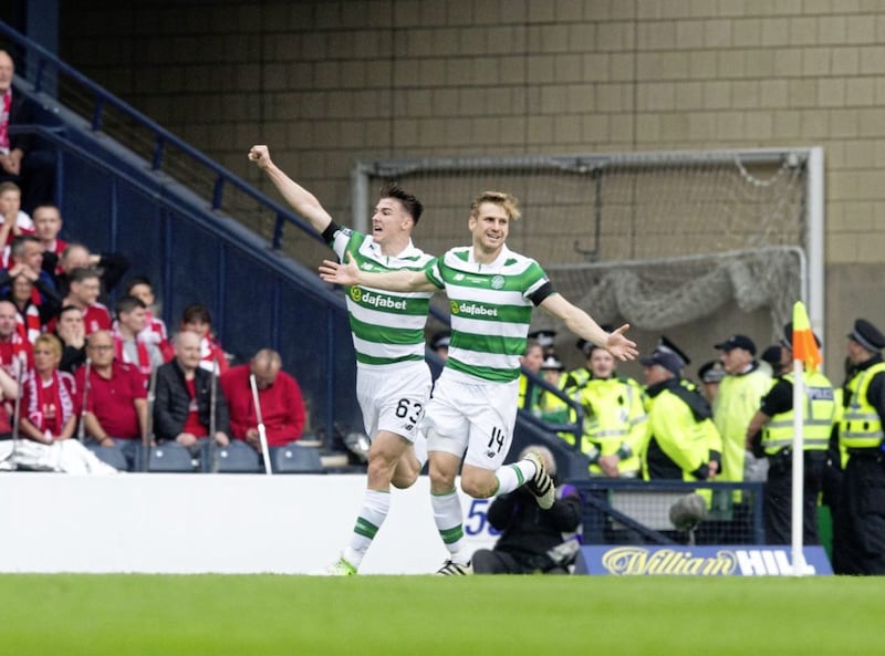 Celtic&#39;s Stuart Armstrong celebrates during a match at Hampden Park, Glasgow 