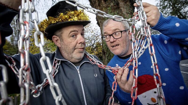 Getting tied up in knots &ndash; Conor Grimes and Alan McKee who are appearing in the Lyric&#39;s Christmas production of Bah, Humbug! 