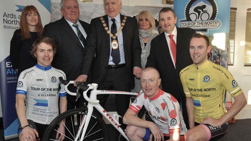 Pictured at the Tour of the North International Cycle event launch are: (back row, left to right): Sharon Mahaffy (manager Ards and North Down Tourism), Maurice McAllister (chairman Cycling Ulster), Alan Graham (mayor Ards and North Down Borough Council), Joan McCullough (Tour of the North race director), Cathal Arthurs (proprietor Portaferry Hotel)<br />(front l to r) Chris McGlinchey, Glenn Kinning, David Watson&nbsp;
