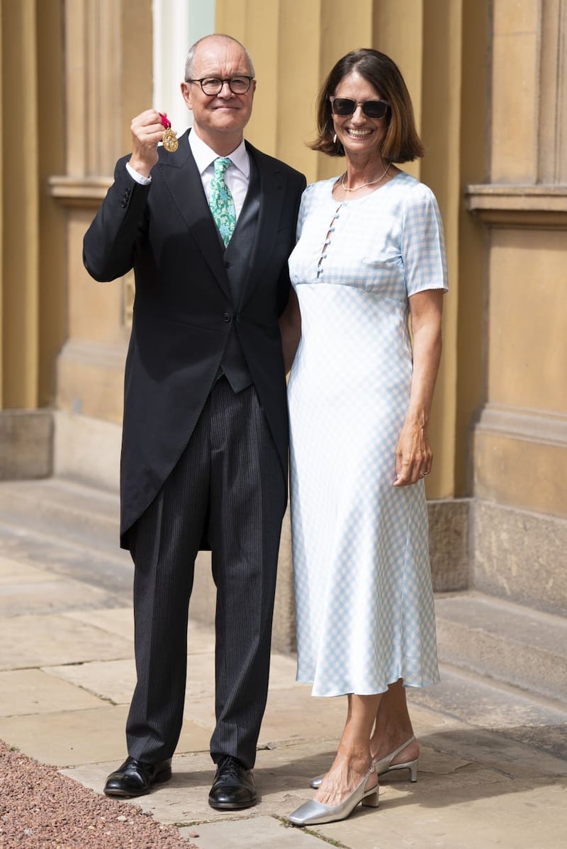 Sir Patrick Vallance after he was made a Knight Commander, with his wife Sophie Dexter, at Buckingham Palace in London