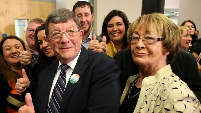 Sinn Fein candidate for West Tyrone Pat Doherty celebrates with supporters following the announcement of his re-election. Picture by: Brian Lawless/PA Wire 