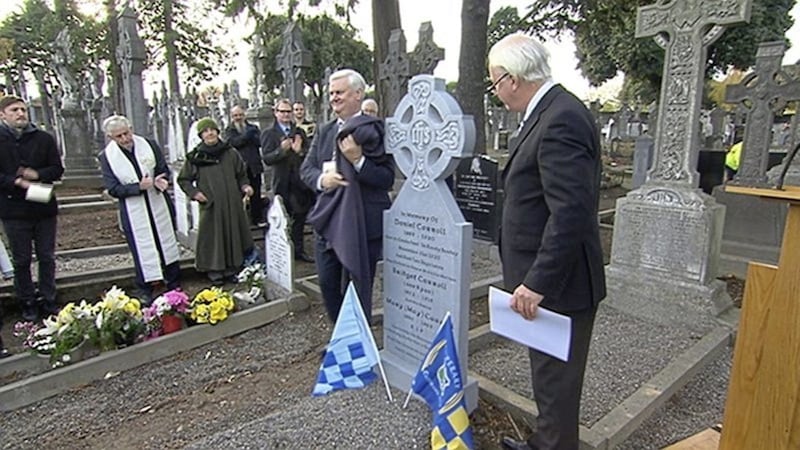 GAA President Aog&aacute;n &Oacute; Fearghail unveiled a headstone to Bloody Sunday victim Daniel Carroll at Glasnevin Cemetery. Picture by RT&Eacute; 