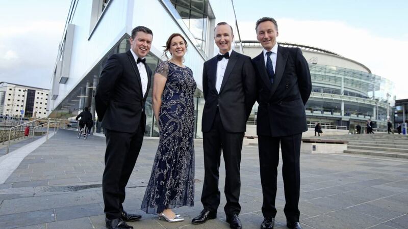 Pictured at the CBI Northern Ireland dinner in the Waterfront Hall are (from left) Barry Smyth (MCS Group), Angela McGowan (CBI Northern Ireland director), Adrian Doran (Barclays Northern Ireland) and David Gavaghan (CBI Northern Ireland chairman). Photo: Kelvin Boyes/Press Eye 