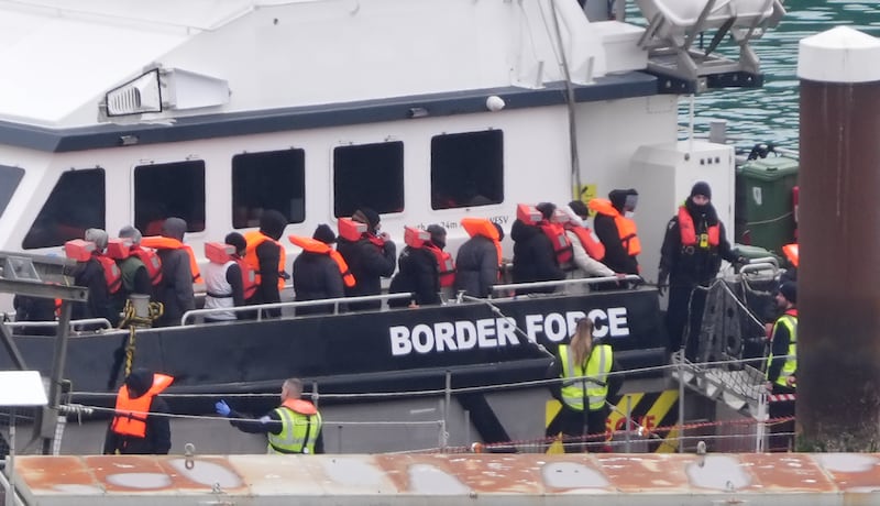 A group of people thought to be migrants are brought in to Dover, Kent, from a Border Force vessel following a small boat incident in the Channel on Saturday