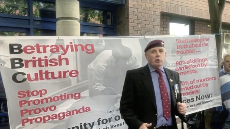 TUV candidate John Ross at a protest outside the BBC in 2019 