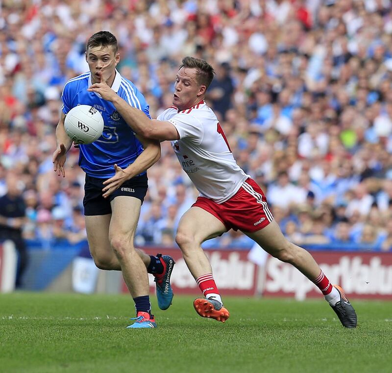 Dublin's Con O'Callaghan is challenged by Tyrone's Kieran McGeary during yesterday's final<br />Picture by Philip Walsh&nbsp;&nbsp;