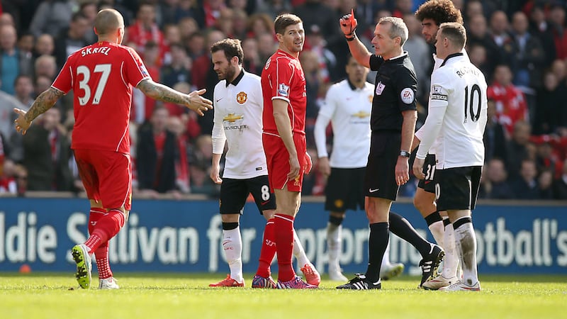 Referee Martin Atkinson sends off Steven Gerrard 38 seconds after coming on as a half-time sub against Manchester United in 2015.