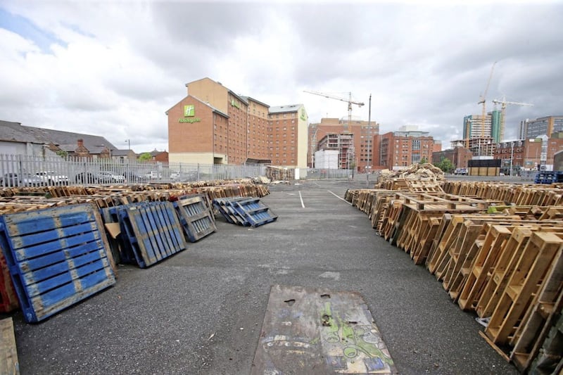 It is understood that the pallets and other bonfire material have appeared at the site near the Holiday Inn in south Belfast within the past week. Picture by Mal McCann 