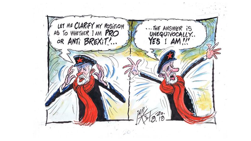 Ian Knox cartoon 20/9/19: After two years of confusion and incoherence over his policy on Brexit, Jeremy Corbyn, on the eve of conference, finally settles on a position of vague neutrality