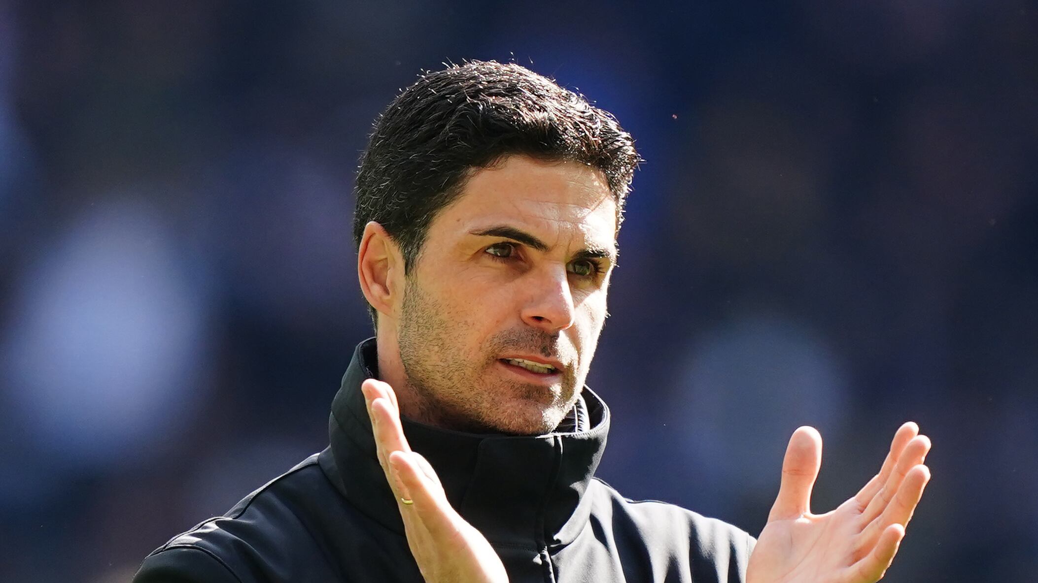 Mikel Arteta applauds Arsenal’s fans after the derby victory
