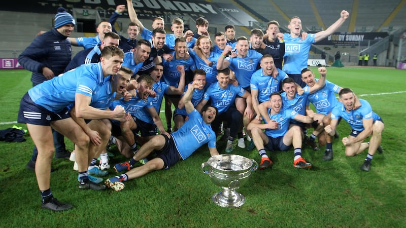 Dublin players celebrate with the Sam Maguire after defeating Mayo 2-14 to 0-15 at Croke Park today to claim their sixth All-Ireland Senior Football title in a row. Picture by Philip Walsh