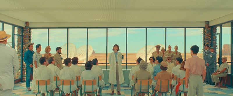 Dr Hickenlooper (Tilda Swinton) holds court in Asteroid City