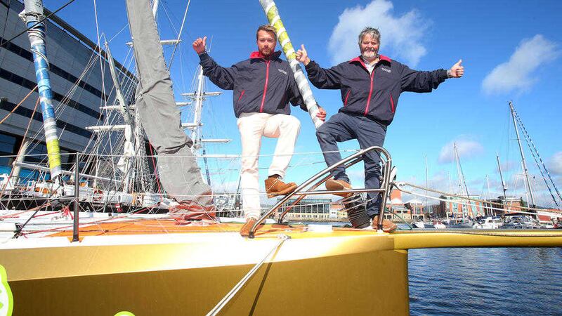 Skipper Enda O&#39;Coineen (right) will be the first Irish sailor to participate in the Vend&eacute;e Globe round the world sailing race. Pictured in Belfast with deputy Skipper Andrew &#39;Hammy&#39; Baker (left) from Strangford as he prepares for the global challenge. Picture Mal McCann 