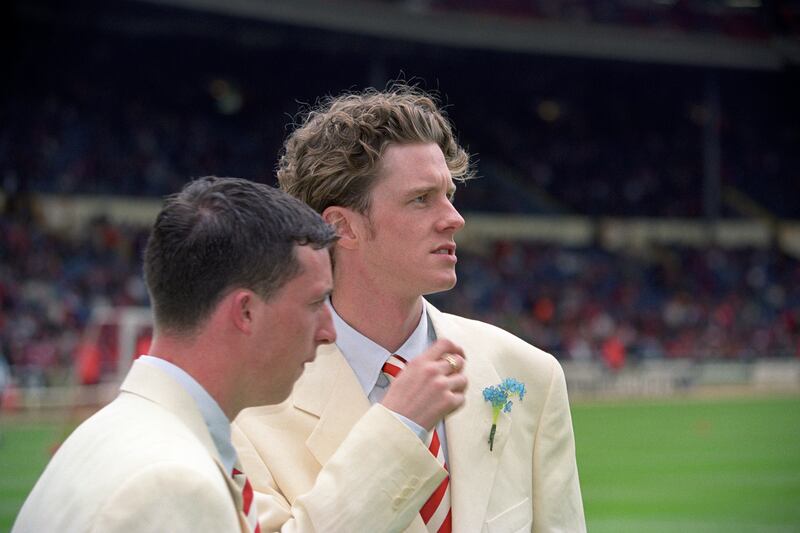 Liverpool's Robbie Fowler and Steve McManaman ahead of the 1996 FA Cup final