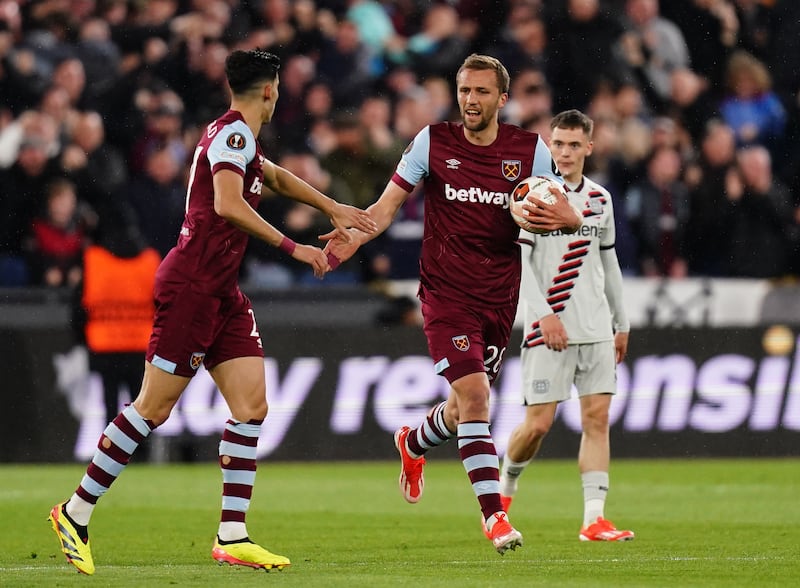 Tomas Soucek (right) celebrates with Nayef Aguerd after Michail Antonio opened the scoring