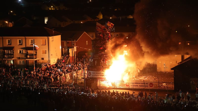 The bonfire burns in the Bogside area of Derry. Picture by Niall Carson/PA Wire&nbsp;