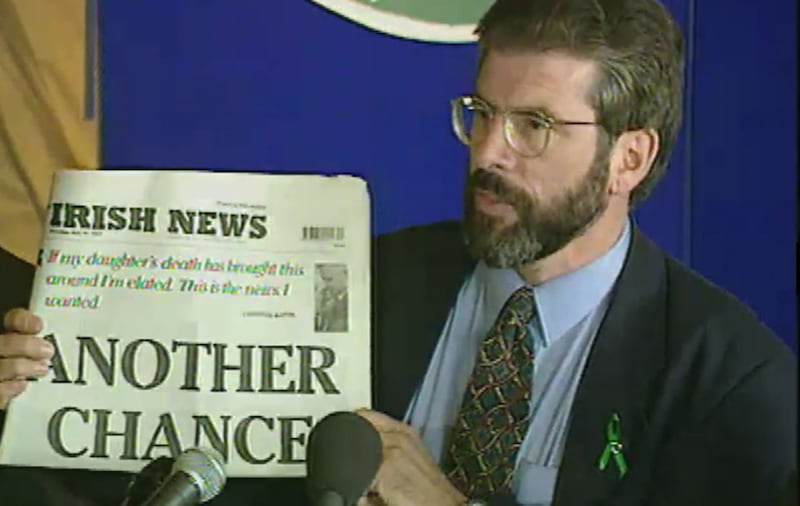 &nbsp;Sinn F&eacute;in president Gerry Adams holding a copy of The Irish News at a press conference on July 19 1997. Picture from RT&Eacute;