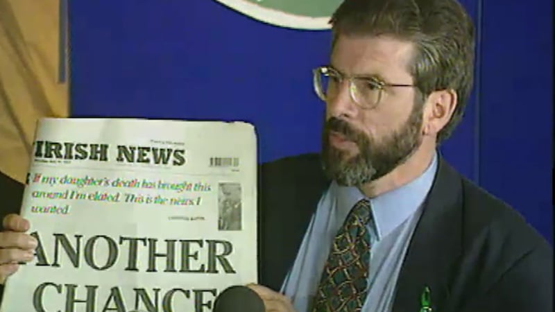 &nbsp;Sinn F&eacute;in president Gerry Adams holding a copy of The Irish News at a press conference on July 19 1997. Picture from RT&Eacute;