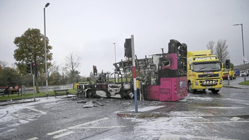 A bus was destroyed after it was hijacked and set on fire in Newtownabbey, Co Antrim, on Sunday. Picture by Hugh Russell 