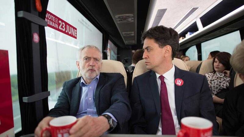 Labour Party leader Jeremy Corbyn (left) and his predecessor Ed Miliband on board the Labour In for Britain bus near Doncaster, as the pair go into battle against Brexit together. Picture by Stefan Rousseau, Press Association