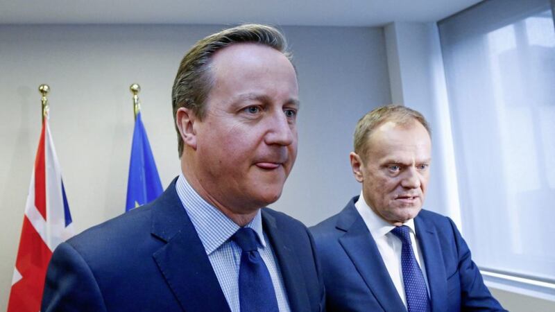David Cameron walks with with European Council President Donald Tusk during a bilateral meeting on the sidelines of an EU summit in Brussels. Picture by Yves Herman, Pool Photo via AP 