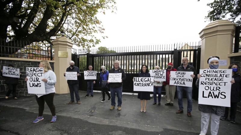 Residents protesting last week at the Chinese Consulate on the Malone Road in south Belfast. Picture by Hugh Russell 