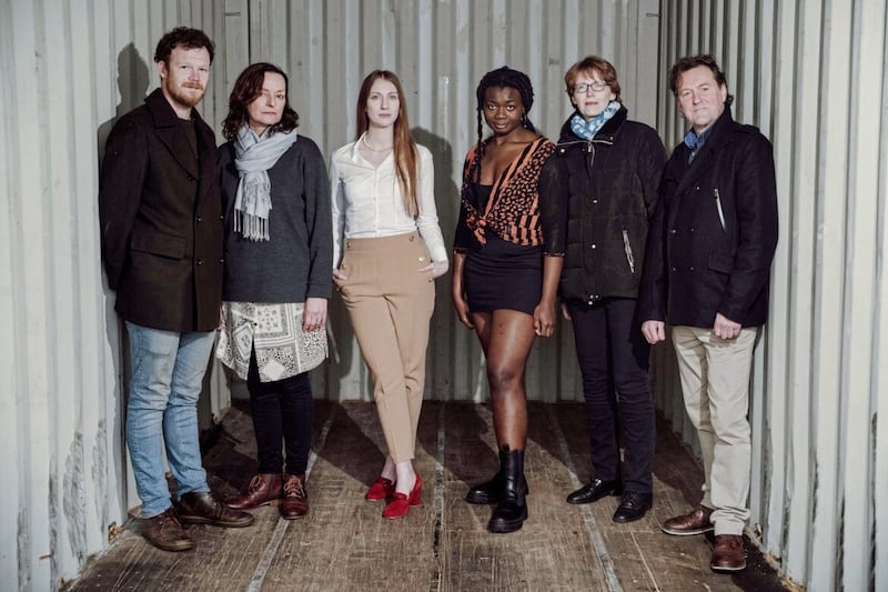 Silent Trade, a new play by Kabosh premieres at the Lyric Theatre on February 22. Director Paula McFetridge (second left) and writer Rosemary Jenkinson (second right) with the cast, Seamus O’Hara, Louise Parker, Lizzy Akinbami and James Doran. Picture by Johnny Frazer
