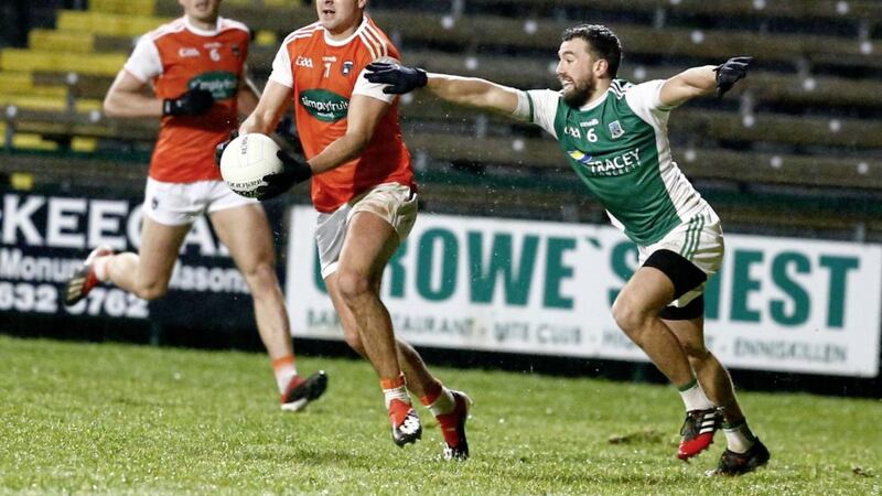 Armagh&#39;s Stefan Campbell and Fermanagh&#39;s James McMahan in action during on Saturday night, with the Orchard men winning by 13 points Picture: Philip Walsh 