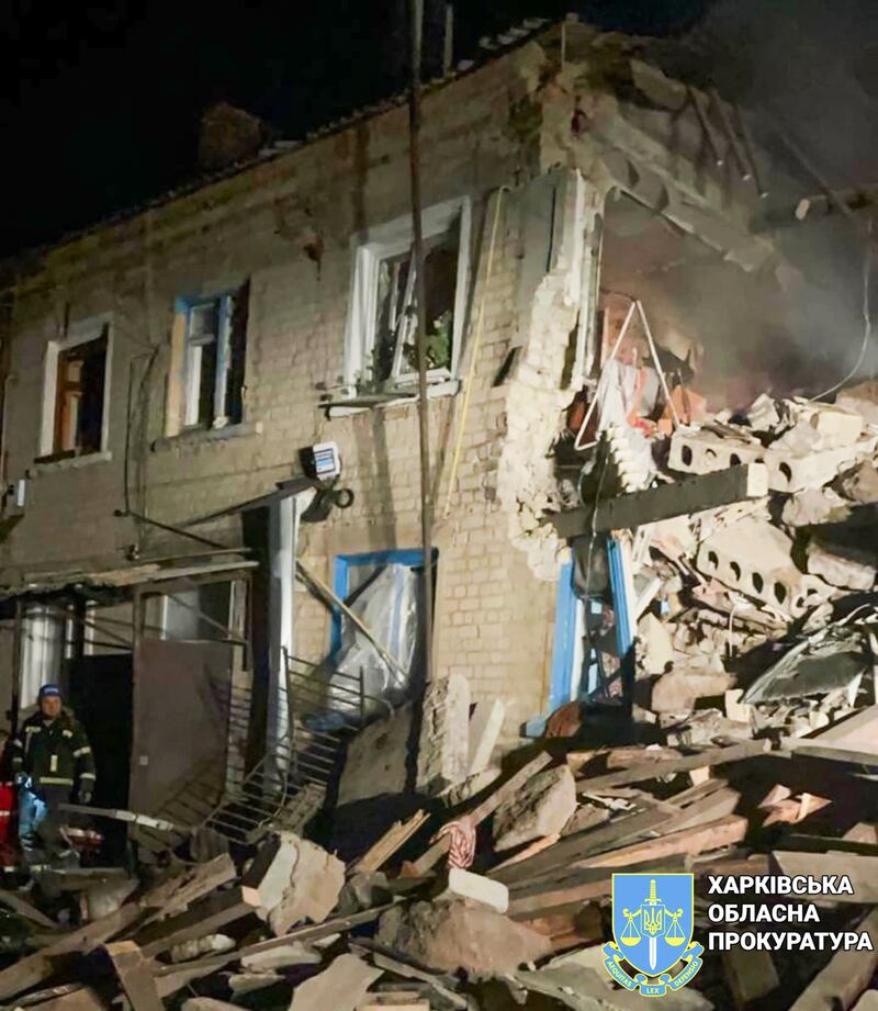 An apartment building in Kharkiv region was severely damaged in the attack (Kharkiv Regional Prosecutor’s Office/ via AP)