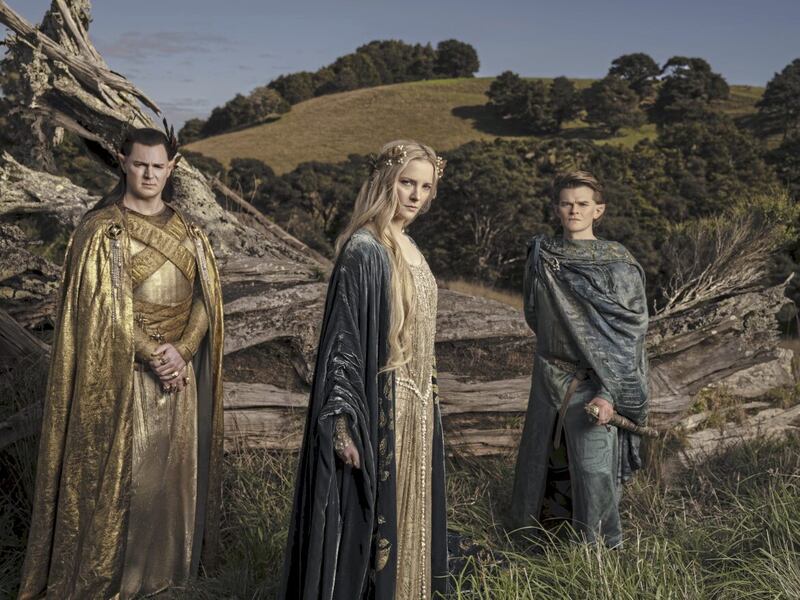 The Lord Of The Rings: The Rings Of Power: Benjamin Walker as High King Gil-galad, Morfydd Clark as Galadriel and Robert Aramayo as Elrond 