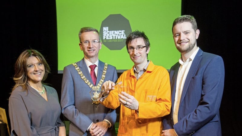 WINNING FORMULA: Pictured with the official festival scientist are (from left) Louise Smyth, MCS Group director; Belfast Lord Mayor Brian Kingston and festival director Chris McCreery 