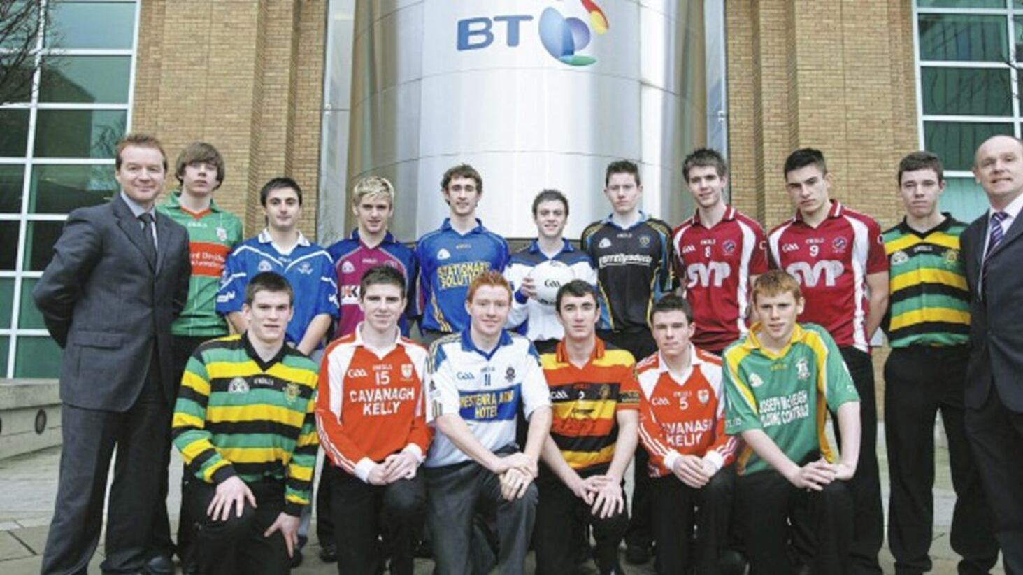 THEY&rsquo;RE ALL STARS: Pictured at the BT Ulster Colleges Football Allstars announcement at BT Tower in Belfast yesterday are, (back row, l-r): Ulster Colleges Council chairman Seamus Meehan, Andrew Murnin, Ross McGarry, Caolan Trainor, Barry Reilly, Daniel McKinless, John Carron, Conan Grugan, Sean Warnock, Declan Lynch and BT consumer director Peter Morris. (Front row, l-r): Christopher McGuinness, Connor McAliskey, Daniel McKenna, Ethan Toner, Shea McGarrity and Paul Allen 
