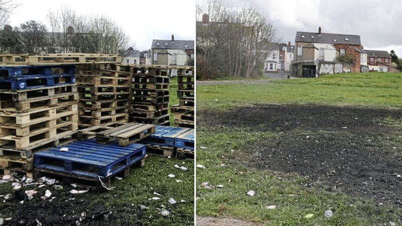 Pallets at Bloomfield Walkway in east Belfast on Monday, and right, the scene the following day 