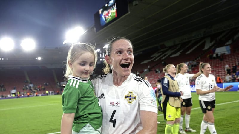 Northern Ireland&#39;s Sarah McFadden and her daughter Harper after Thursday&#39;s nights Women&#39;s Euros match against Norway at St Mary&#39;s Stadium, Southampton. Photo by William Cherry/Presseye 