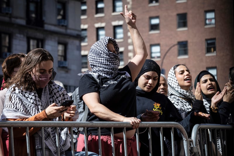 Student protesters rally on Broadway near the Pro-Palestinians protest encampment at the Columbia University campus in New York (AP)