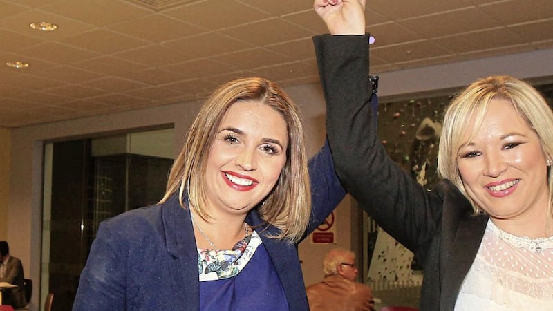 Elisha McCallion pictured with Michelle O&#39;Neill at the 2017 general election count for Foyle. Picture by Margaret McLaughlin  