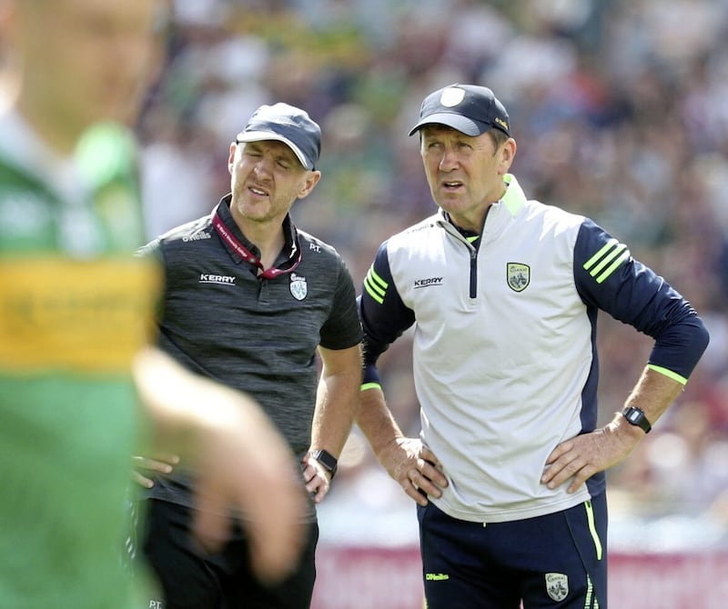 Paddy Tally and Kerry boss Jack O'Connor before last year's  All-Ireland SFC Final against Galway.