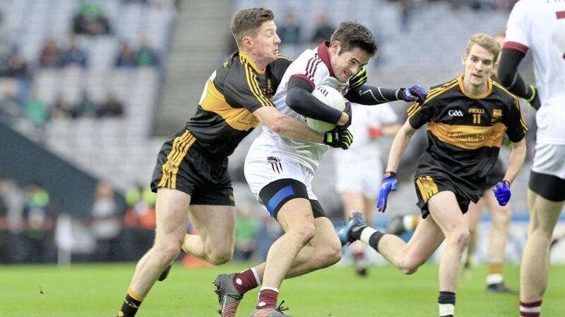 Dr Crokes forward Kieran O&#39;Leary tackles Slaughtneil&#39;s Chrissy McKaigue during the All Ireland club SFC Final at Croke Park on St Patrick&#39;s Day. Picture by Margaret McLaughlin 