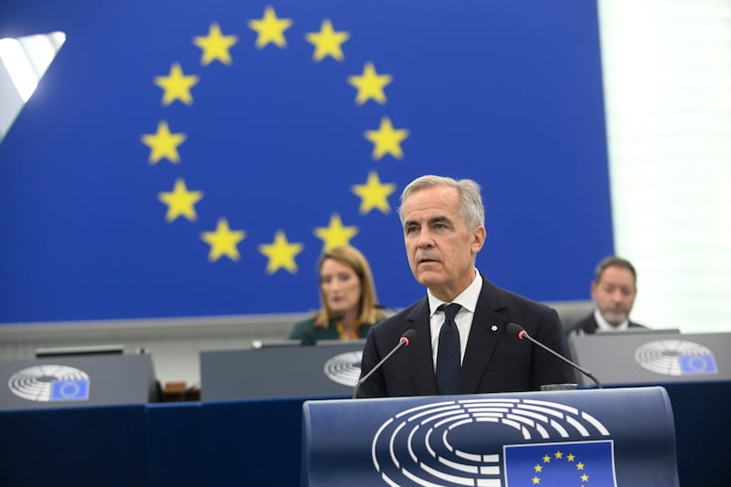 Mark Carney delivers a speech during a formal sitting at the European Parliament in Strasbourg (Pascal Bastien/AP)