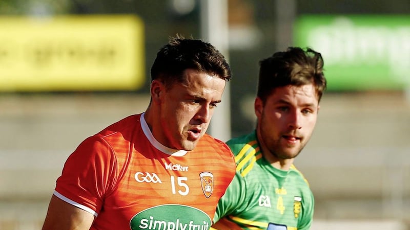Armagh&#39;s Stefan Campbell and Donegal&#39;s Brendan McCole in action during Saturday night&#39;s thrilling draw at The Athletic Grounds Picture: Philip Walsh. 