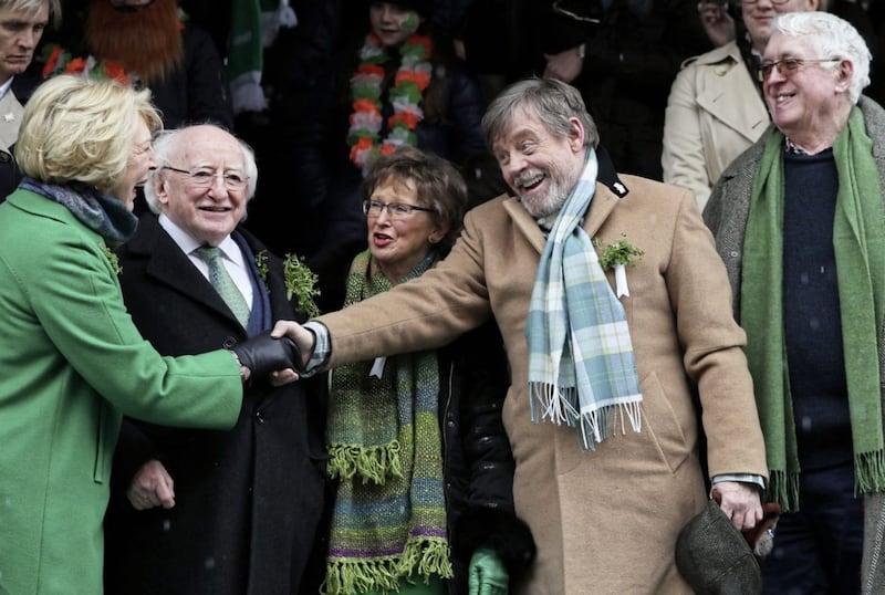 Mark Hamill (second right) with President Michael D Higgins and his wife Sabina&nbsp; during the St Patrick's day parade on the streets of Dublin. Picture by Brian Lawless/PA Wire