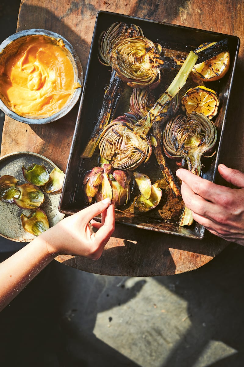 Grilled artichokes with hollandaise from Big Green Egg Feasts 