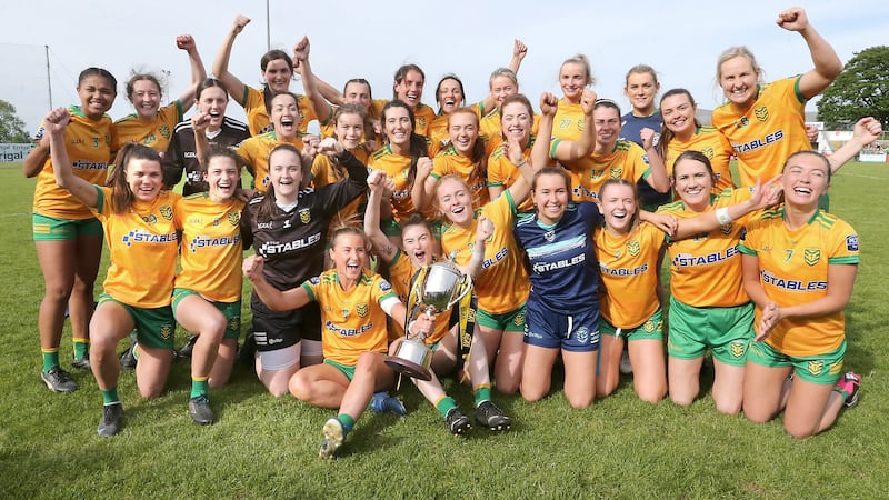 Donegal celebrate beating Armagh in the TG4 Ulster Ladies' SFC final at Owenbeg. Picture by Margaret McLaughlin