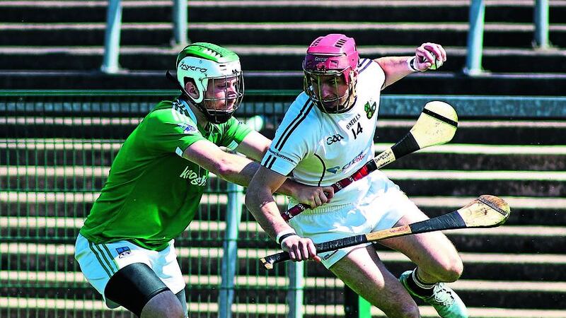 &nbsp;Fermanagh defender Diarmuid Russell tries to check the advances of Warwickshire sharpshooter Liam Watson (right) during Saturday&rsquo;s Lory Meagher Cup clash at Brewster Park &nbsp; &nbsp; &nbsp; &nbsp;Picture: Jason Moncrieff