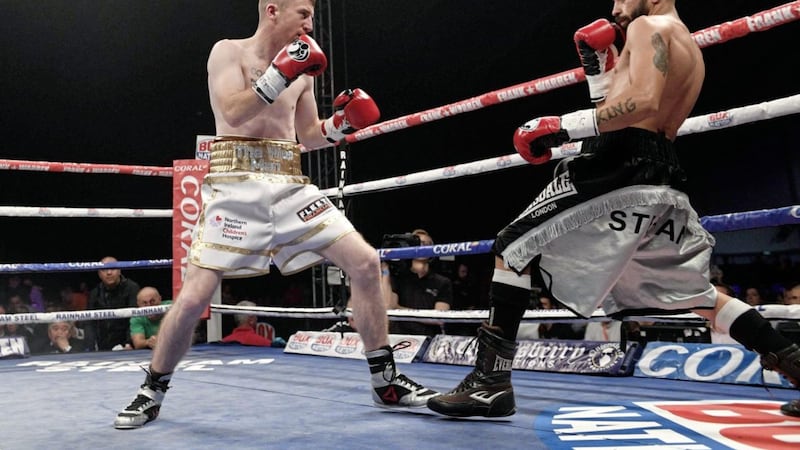 Paddy Barnes and Stefan Slavchev in action the Titanic Exhibition Centre boxing event in Belfast last year 