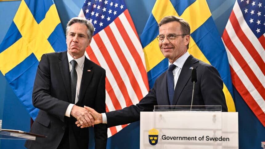 US Secretary of State Antony Blinken, left, and Sweden’s Prime Minister Ulf Kristersson shake hands during a press meeting in Lulea, Sweden (Jonas Ekstromer/TT News Agency via AP/PA)
