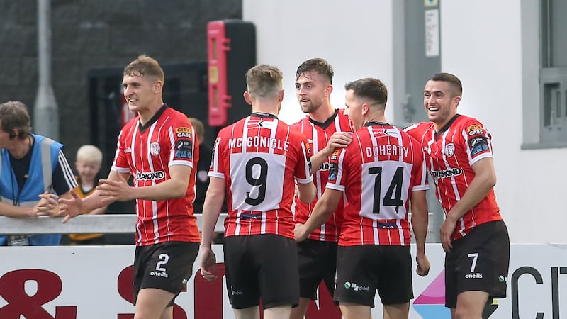 Derry City celebrate their equaliser, scored by Will Patching (centre) Picture by Margaret McLaughlin