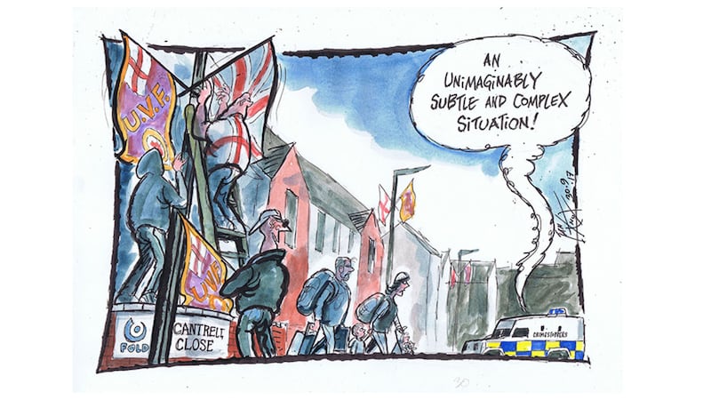 Ian Knox cartoon 2/10/17: Emma Little Penally finds that the residents of Cantrell Close shared housing don&rsquo;t want a &ldquo;public fuss&rdquo; while the PSNI finds it all too complex.