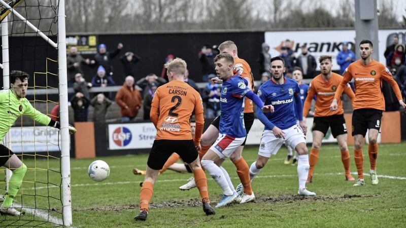 Carrick Rangers &#39;keeper Harry Doherty was allegedly the victim of sectarian abuse during Saturday&#39;s Danske Bank Premiership game against Linfield Picture by Colm Lenaghan/Pacemaker 